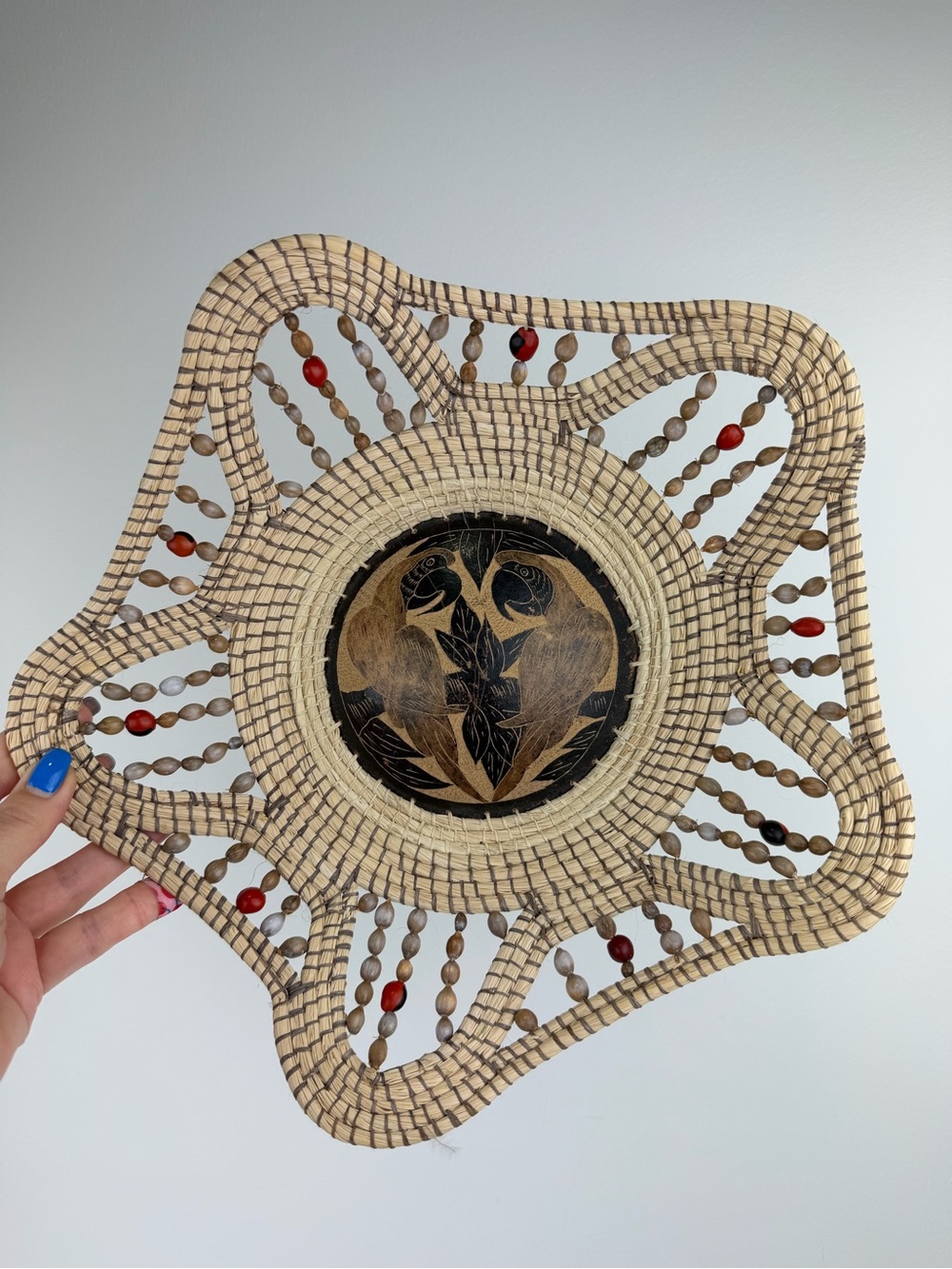 Vintage Handwoven Wicker Decorative Basket Bowl with Parrot Art Boho Wall Decor